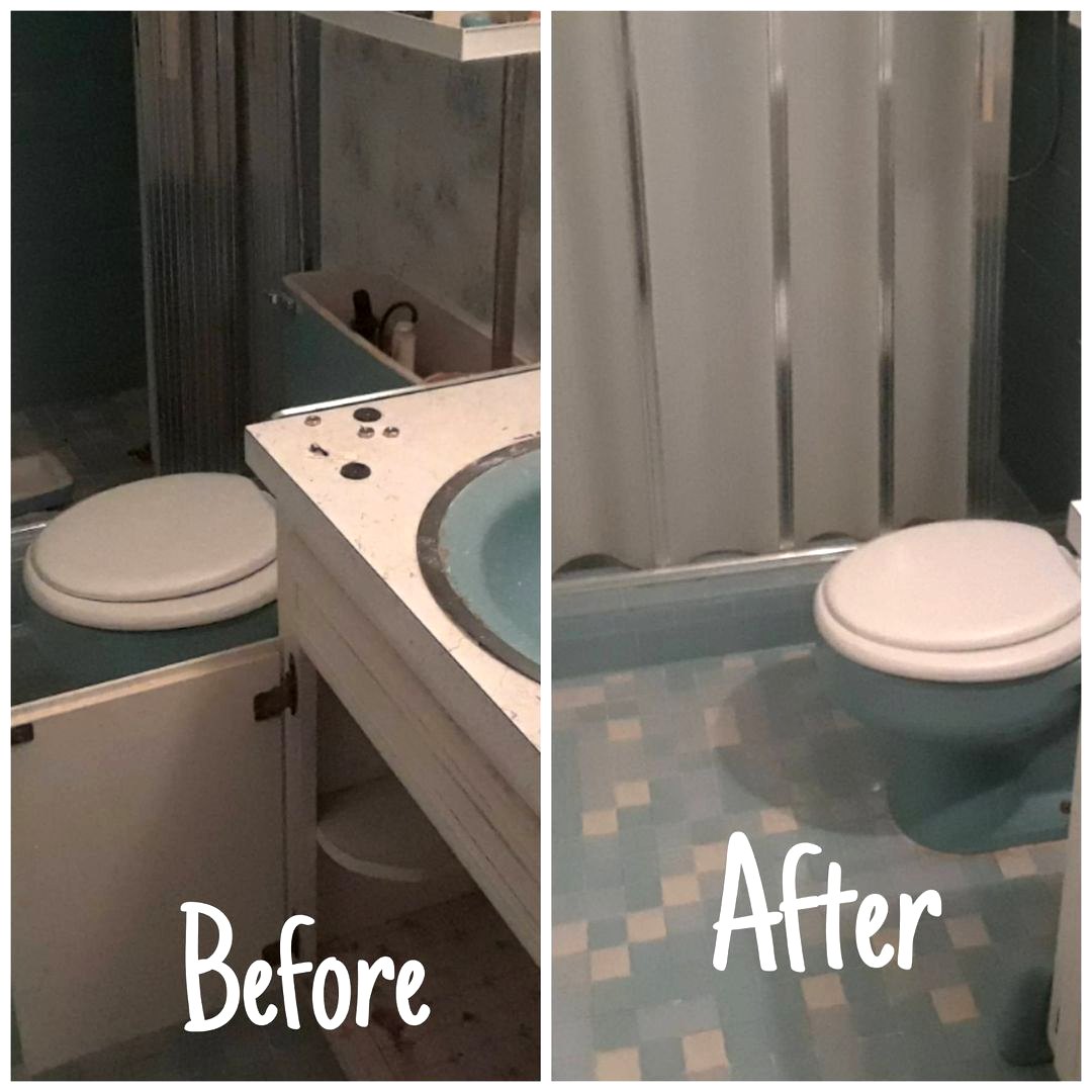 Before and after of a full bathroom cleaning