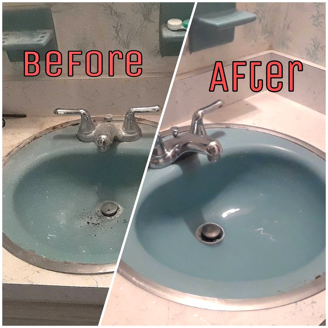 Before and after of a bathroom sink and faucet cleaning