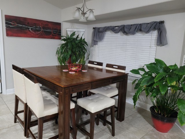 A dining room with a tall wood table, cream chairs and potted plants after cleaning
